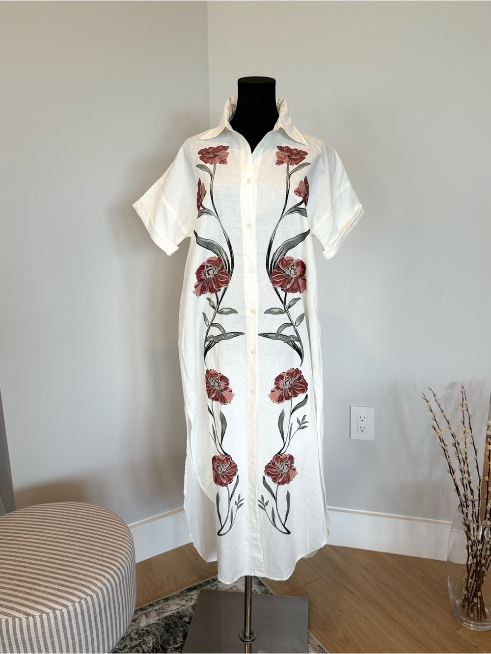 White Button-Front Maxi Dress with  very subtle painted for an elegant.